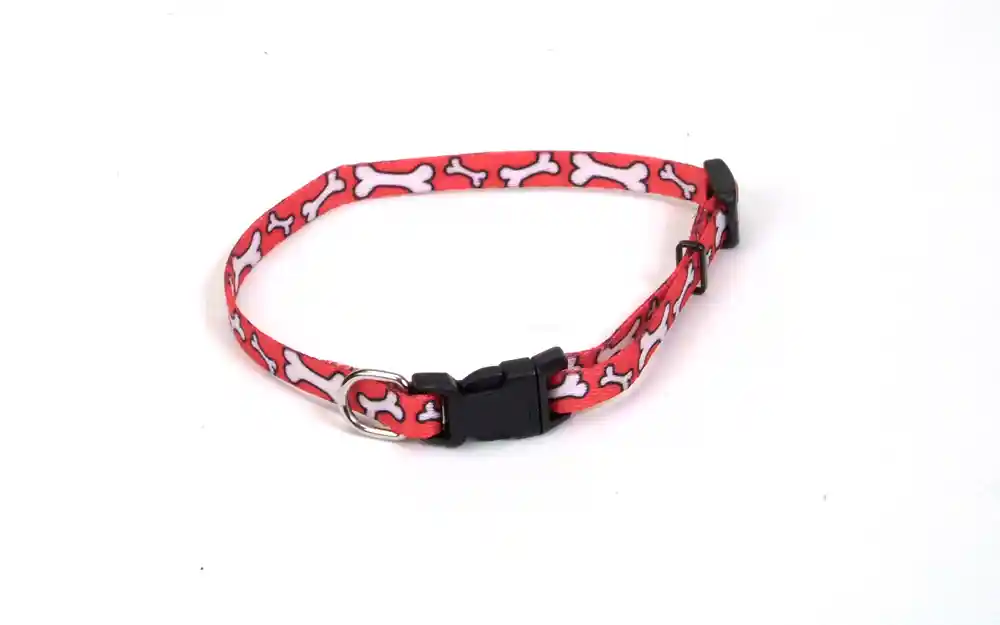 Adjustable Patterned Dog Collar, Red And White Bones, 3/8" X 08"-12"