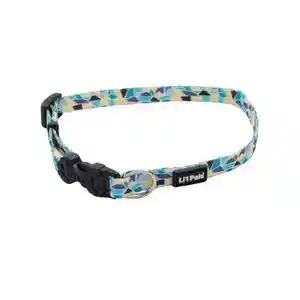 Adjustable Patterned Dog Collar, Teal Yellow Grey Stained Glass, 3/8" X 06"-08"