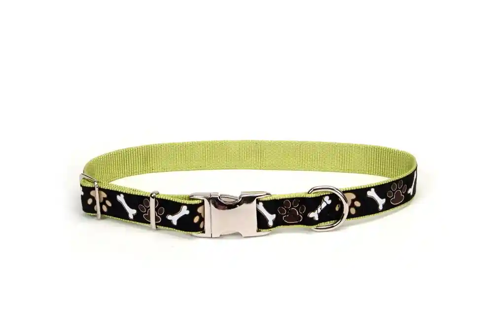 Adjustable Dog Collar With Metal Buckle, Brown Paws And Bones, 5/8" X 08"-12"