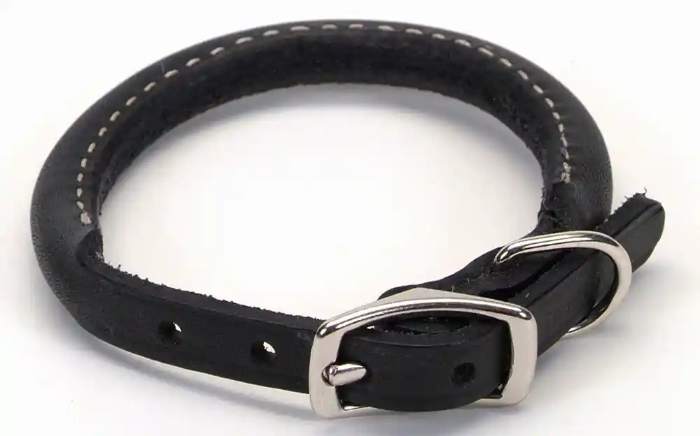 Oak Tanned Leather Round Dog Collar, Black, 3/8" X 10"