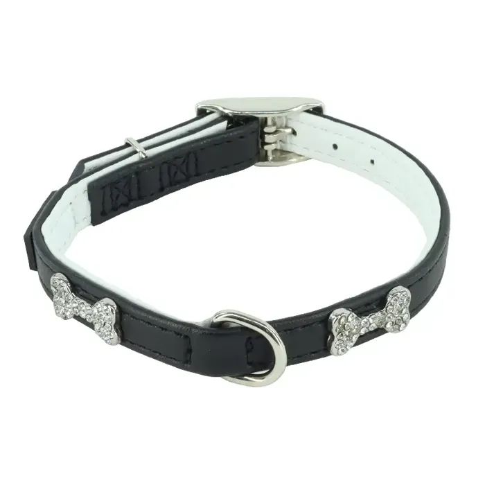 B'dazzled Bone Black Dog Collar - Sml